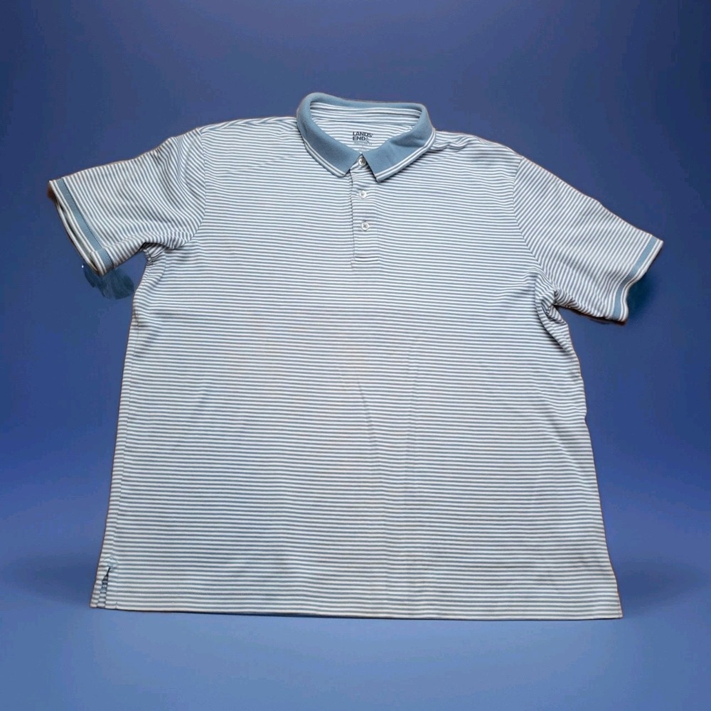 Lands End Mens Large Blue White Striped Traditional Fit Cotton Polo Shirt
